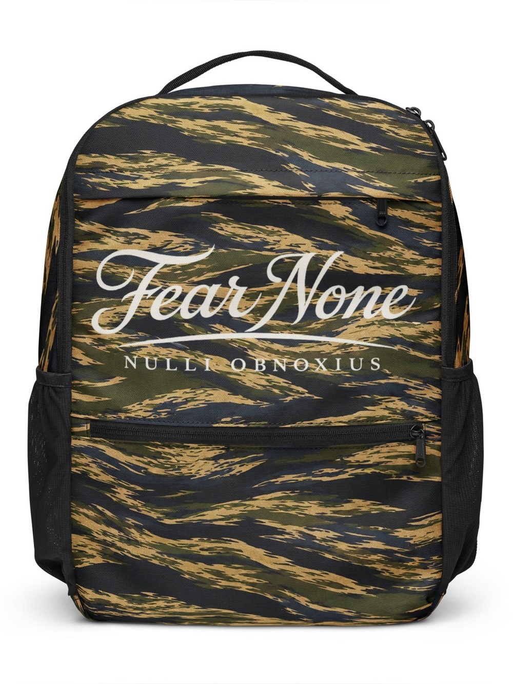 Camouflage Tiger-Stripe Fear None Backpack in Green & Black